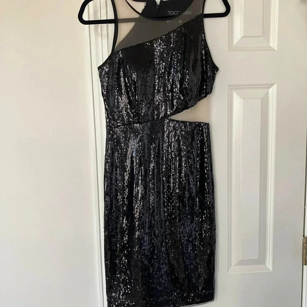 NWT TOCCIN NY Black Sequin Cutout Mesh Sleeveless Mini Cocktail Dress (4) - Picture 2 of 8